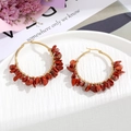 Handmade Bohemian round hoop earrings with natural red crushed stones and gold finish - Brown Natural Stone / Reddish Brown