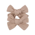 Set of two beige linen hair bows with delicate embroidery for children and girls - Linen Texture Style(10) / 2 Pcs/Set / Beige