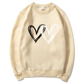 Felpa beige girocollo con stampe minimaliste di cuori bianchi e neri sul davanti - S / Graffiti a Doppio Cuore / Cachi