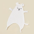 Detail of white cotton muslin baby security blanket with embroidered bear face and soft knots - White Embroidery