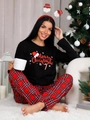 Pigiama natalizio due pezzi da donna con top nero a maniche lunghe e pantaloni scozzesi rossi - S / Berretto di Natale / Manica lunga