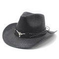 Western black woven straw cowboy hat featuring a silver bull head emblem and metal studs - M (56-58cm) / Black