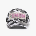 Detail of vintage camo baseball cap with frayed edges and pink #1 MOM plush patch - Adjustable / Camouflage