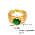 Detail of gold stainless steel ring with green heart-shaped zircon and size measurements - Gold Heart Green Zircon (A262)