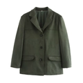 Detailed view of dark green suede blazer with long sleeves, black buttons, and pockets - S / Dark Green