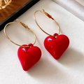 Minimalist red heart pendant hoop earrings in golden finish with 3D resin charm - 21# 925 Sterling Silver Earring Post - Red - Heart Hoop