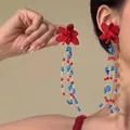 Detail of red flower beaded tassel earrings with blue bead strings for summer look - Red Flower Bohemian Tassel Style (37#)