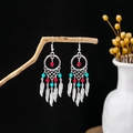 Bohemian silver earrings with blue and red beads and feather charms on branch - Silver + Blue Red Beads + Feather Tassel (E5812-3/Color)