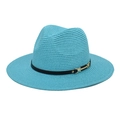 Light blue Panama straw hat for men and women with black leather band and gold buckle - M (56-58cm) / Lake Blue