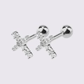 Silver cross stud earrings with heart zirconia stones and screw back ball closures - Silver Cross
