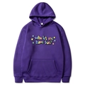 Purple hooded sweatshirt featuring Who let me have fun? colorful graphic print - Purple