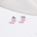 Detail of pink strawberry stud earrings in S925 silver with green enamel leaf accents - Pink Strawberry Earrings