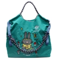 Green canvas tote bag with cartoon rabbit illustration and blue webbed shoulder strap - Green