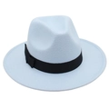 Detail of light blue vintage wool felt fedora with a black silk decorative ribbon band - Sky Blue