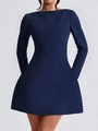 Elegant navy blue long sleeve A-line mini dress for women with a slim fit silhouette - S / Navy Blue