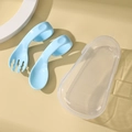 Light blue ergonomic curved baby spoon and fork set with portable storage case - Food Grade PP / Sky Blue With Storage Box