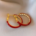 Macro shot of red enamel hoop earrings with gold trim and crystals on silk fabric - 24# Silver Earring Post Enamel Round Rhinestone Hoop (Real Gold Plated)