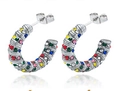 Silver stainless steel stud earrings with colorful zircon inlay and spiral texture design - Colorful Zircon C-Shaped Silver (MS-238)