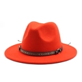 Detail of orange wool fedora featuring a bohemian ethnic woven band and metal buckle - Orange Red