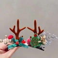 Braune Rentier-Geweih-Haarspange mit grüner Schleife und Weihnachtsbaum-Dekoration - 2# Weihnachts-Haarspange - Braunes Geweih Schleife Weihnachtsbaum Paar