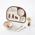 5-piece bamboo fiber kids tableware set with cute bear motifs and divided dinner plate - Three Bears - Display Box / Rectangle