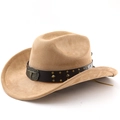 Detail von Cowboyhut aus Wildleder mit Lederband, Nieten und bronzenem Stierkopf-Dekor - M (56-58cm) / Khaki