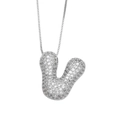 Silver balloon letter V pendant necklace with pave set clear cubic zirconia stones - Letter V / Silver