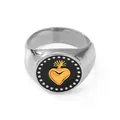 Silver stainless steel signet ring with black enamel and gold heart sunburst design - US 7 / A781-Two-tone-Heart-Signet
