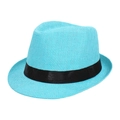 Sky blue Panama fedora straw hat for sun protection with a wide black ribbon band - Adult Size (Approx 58cm) / Monofilament Straw-Lake Blue