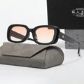 Detail shot of rectangular black frame sunglasses with pink gradient lenses and gray case - Black Frame Gradient Pink