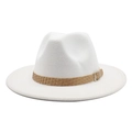 Detailed macro of white wool felt fedora with woven band and silver metal buckle - M (56-58cm) / White