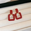 Elegant red geometric enamel earrings with gold accents in a square minimalist style - 89# Geometric Square Frame (Silver Earring Post) / Burgundy