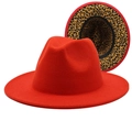 Classic red fedora with leopard print lining and wide brim for men and women - M (56-58cm) / Red