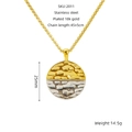 Close-up of hammered 18k gold plated stainless steel necklace with 25mm round pendant - Two-Tone Hammered Disc Necklace