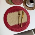 Woven round placemat with red and beige patterns and fringe tassels for holiday table decor - Red Beige with Red Fringe (35cm Round)