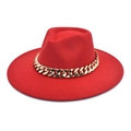 Detail of red wool fedora hat featuring a chunky gold chain strap decoration - M(56-58cm) / Red