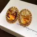 Macro view of vintage gold stud earrings with amber resin and sparkling crystals - 15# Silver Needle-Gold-Coffee