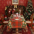 Red Christmas tablecloth with green plaid, poinsettias and pine branches on festive table - 140*260cm / Plaid Christmas