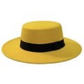 Classic yellow wool felt boater hat featuring a wide black satin ribbon band decoration - Yellow With Ribbon