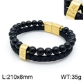 Men's double-layer braided leather bracelet with black beads and gold Nin character clasp - Black Agate-Gold Clasp (Ren)