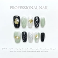 Handmade emerald green marble press-on nails with 3D pearls and gold foil accents - Extra Small (XS) / 1147 - Emerald Green Shading