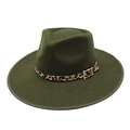 Dark green wide brim wool fedora with leopard print band and golden buckle detail - M(56-58cm) / Army Green