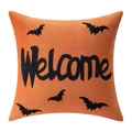 Orange velvet Halloween pillow cover featuring embroidered Welcome text and bats - Square (Cover Only) / Welcome (Bat)