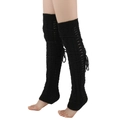 Macro detail of black cable-knit leg warmers featuring stylish side lace-up bow details - One Size / Black