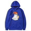 Royal blue Halloween hoodie featuring a cartoon ghost graphic with a knit hat and coffee - Blue