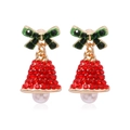 Christmas bow and bell stud earrings with red green crystals and pearl drops - Bell
