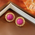 Vintage gold metal earrings with purple round gemstone cabochon in luxury gift box - 21# Clip-on - Rose Red (Stud Style)