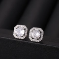 Elegant square halo stud earrings with round center stone and pave zircon in silver finish - White