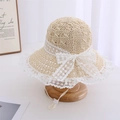 Cappello da sole in paglia beige con pizzo bianco e fiocco per bambine - 52-56CM / Bianco Sporco