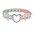 Detail of blue and pink PU leather choker with metal heart and bat wings wings ornament - Silver Wings Blue and Pink Spliced PU Choker